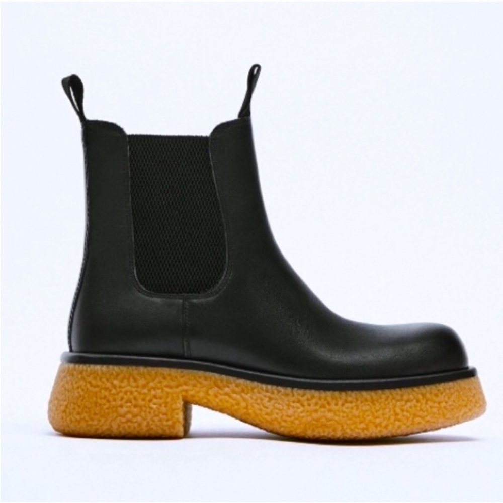 Zara Flat Leather Ankle Boots Black Size US 8 - Picture 5 of 7